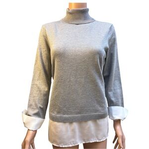 Adrianna Papell Gray Knit Turtleneck Twofer Sweater White Fabric Cuffs hem Large